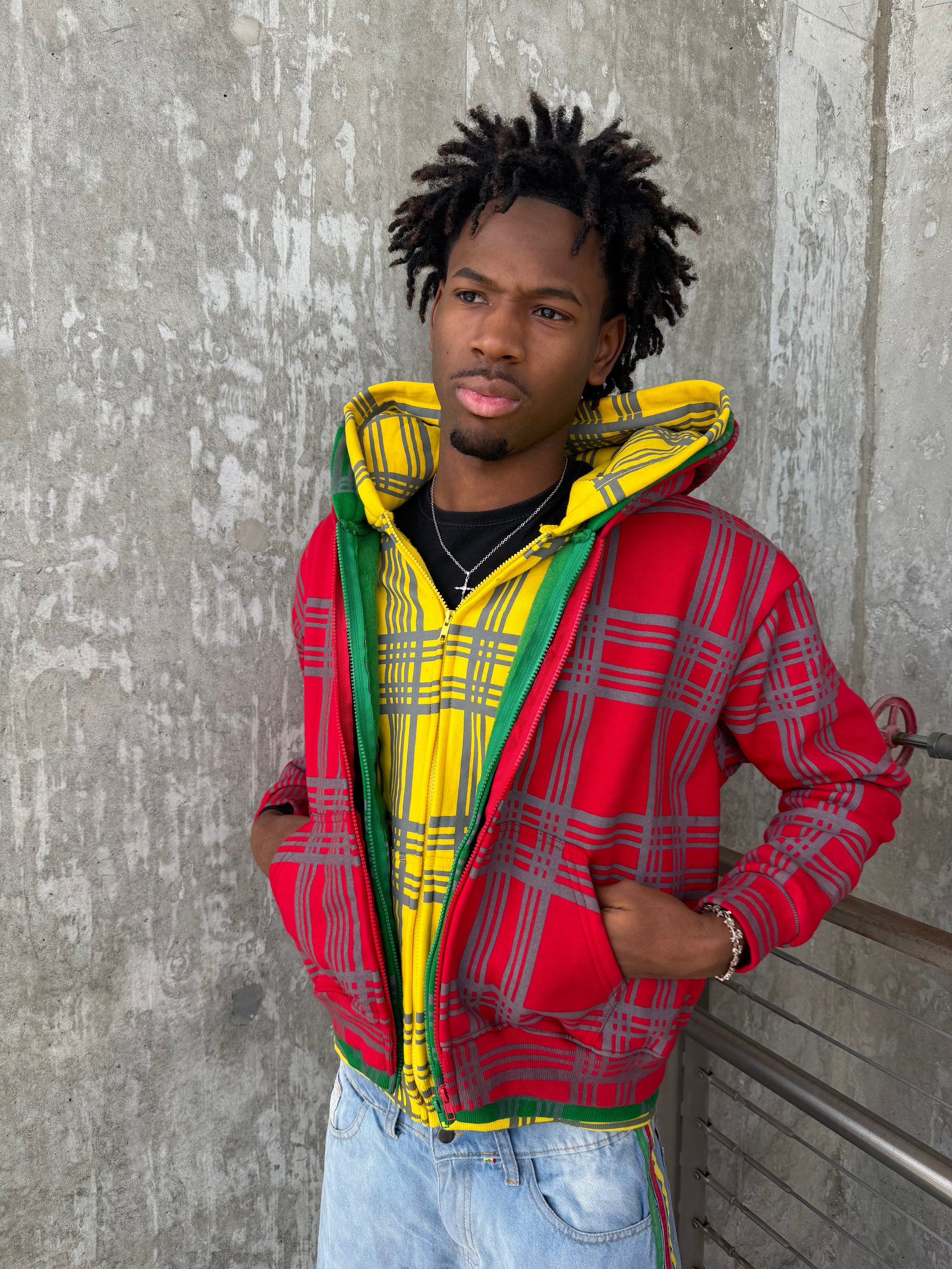 RED PLAID TRIPLE LAYER HOODIE
